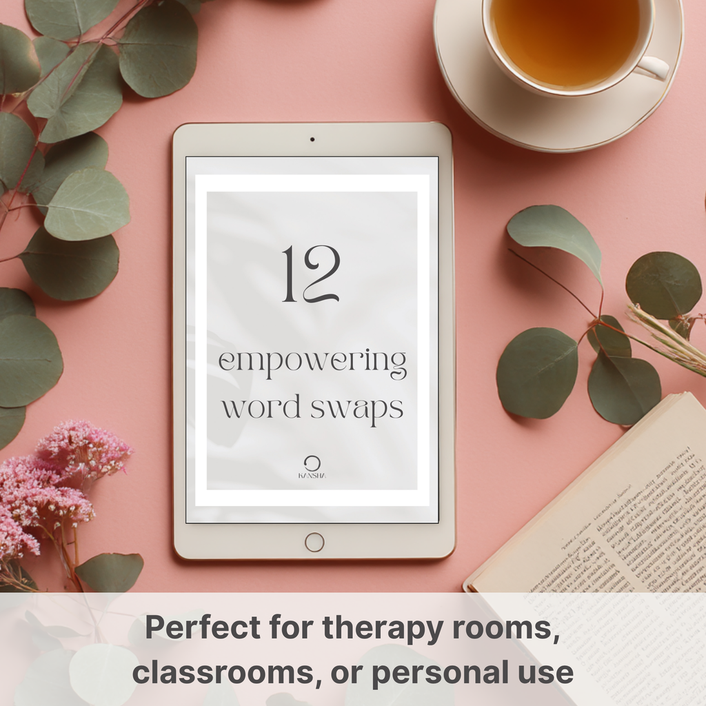 12 empowering word swaps cover showing on a tablet