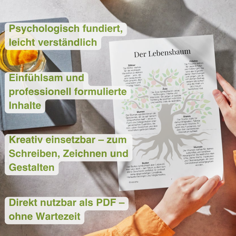 Eine Frau liest eine Seite aus dem Lebensbaum Selbsthilfe Therapie Arbeistheft