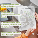 Eine Frau liest eine Seite aus dem Lebensbaum Selbsthilfe Therapie Arbeistheft