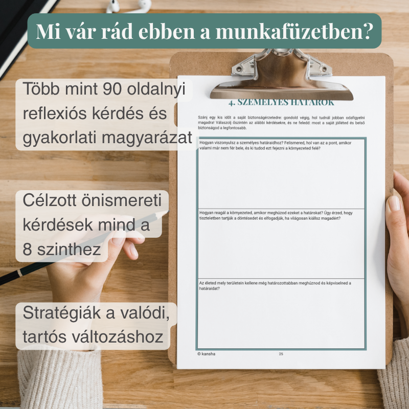 Egy oldal önreflexiós kérdésekkel a Maslow szükségletpiramisa terápiás önsegítő munkafüzetből