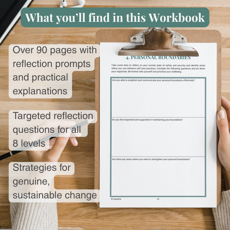 A page with reflection questions from the Maslows pyramide selh-help therapy workbook