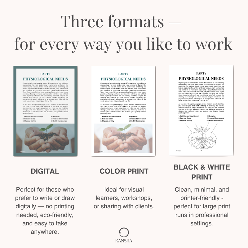Digital and printable versions of the Maslows Pyramide self-help therapy workbook