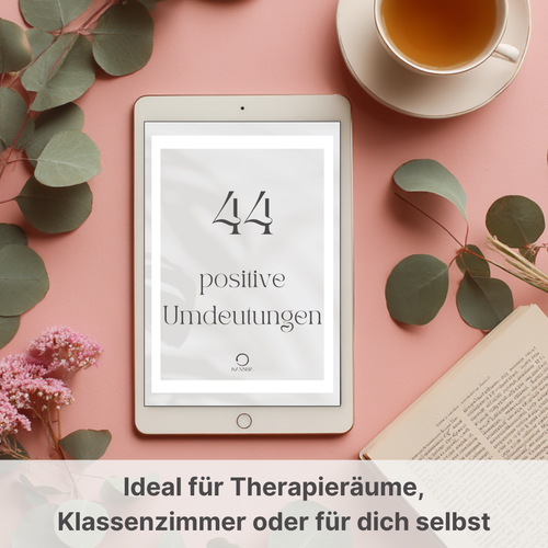 Der Umschlag von 44 positiven Umdeutungen gezeigt auf einem Tablet