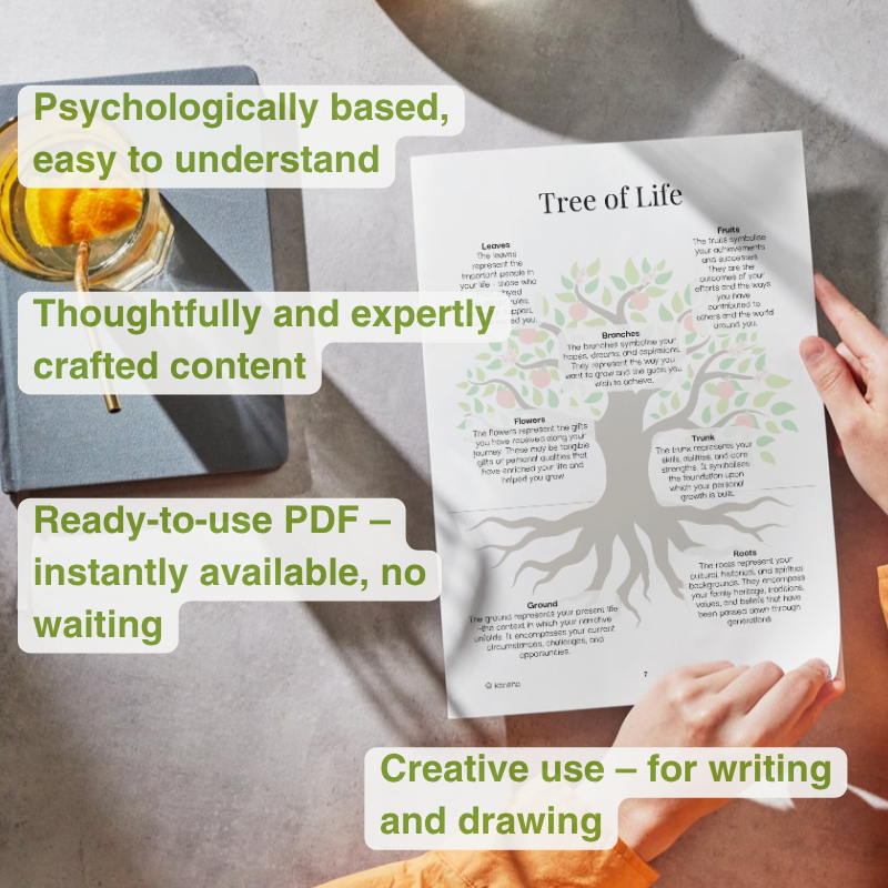 a woman is holding one page of the tree of life workbook for adults